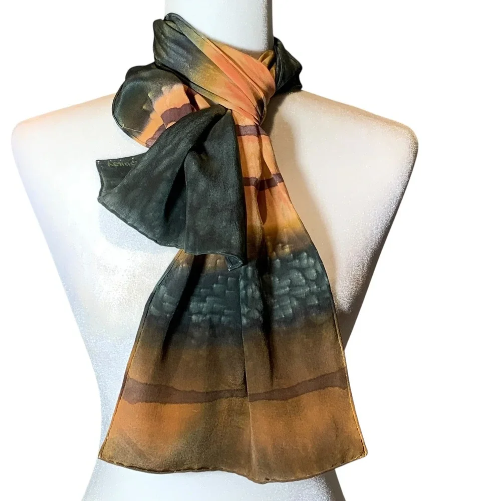 Vintage Laura Quilty Signed Silk Scarf Abstract Landscape Print Earth Tones 60
